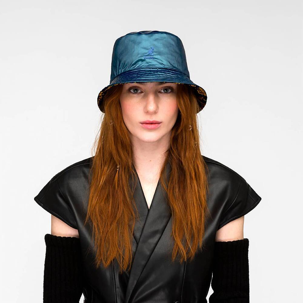 NEW KANGOL women's floral jacquard reversible rain bucket hat in teal/navy - Picture 2 of 4